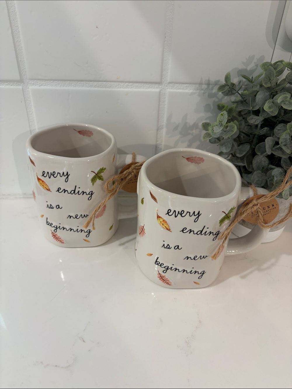 Rae Dunn White Ceramic Mug pair with Autumn Leaf Accents NWT